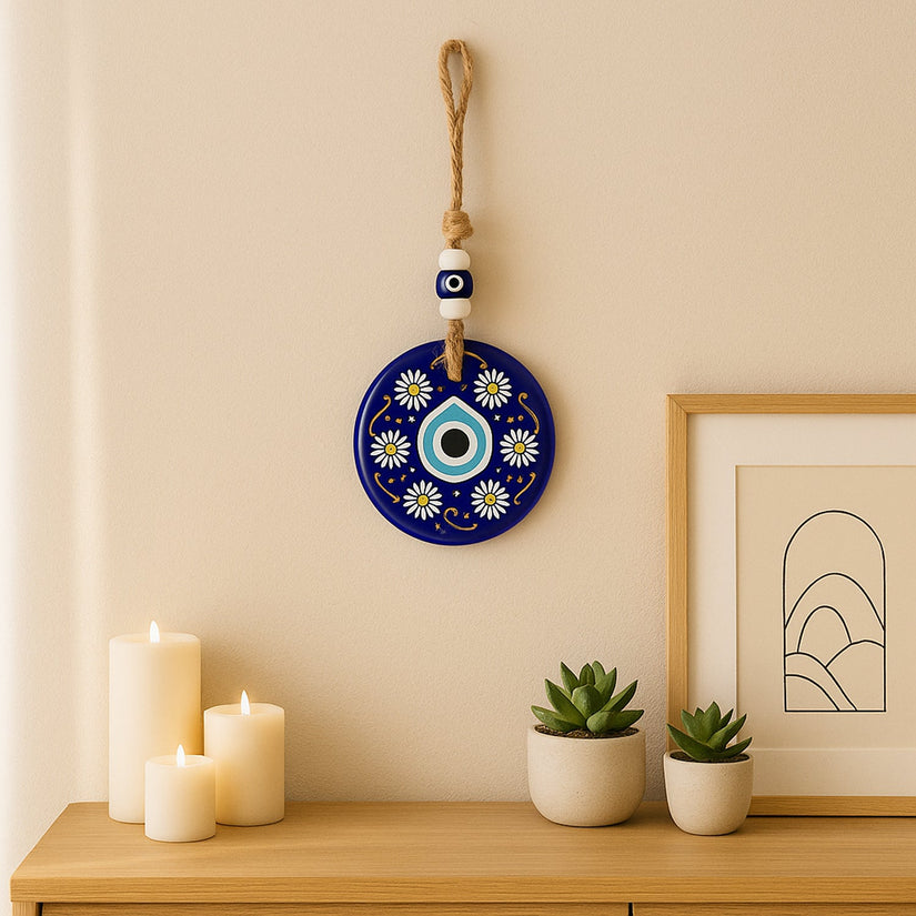 Decorative Evil Eye Wall Hanging Nazar Protector Charm with Beads, Wind Chime (1 Pc)