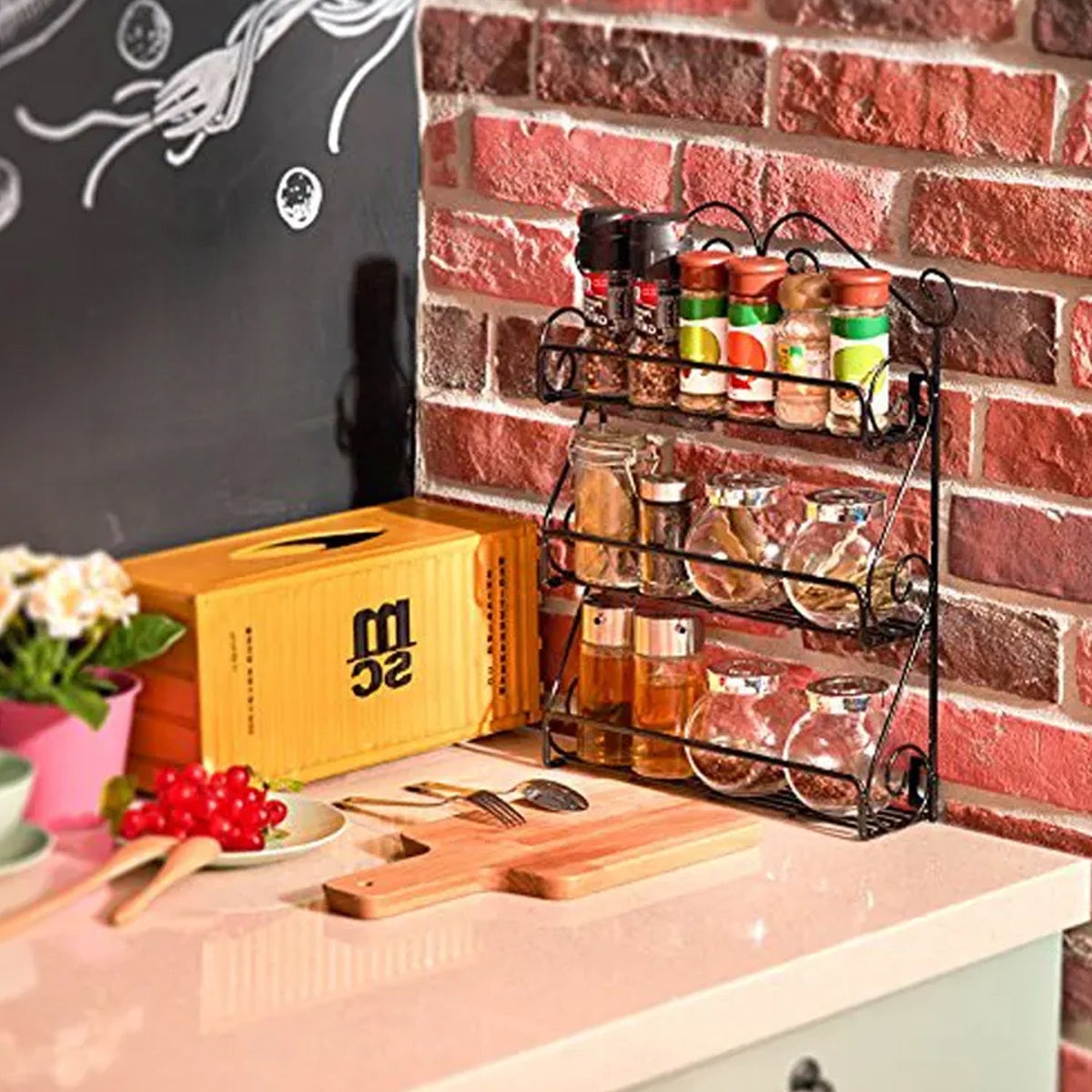 Big Wall Mounted Iron Wall Shelf with 3 Storage Racks for Kitchen