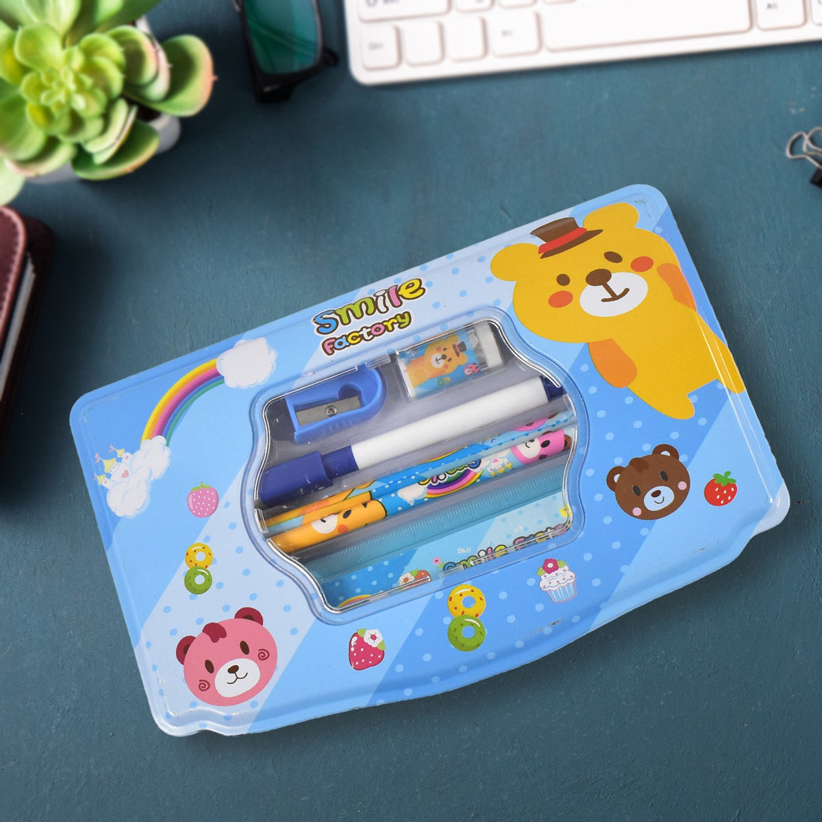 Cartoon Metal Compass Box for Kids with Stationery (6 Pc Set)