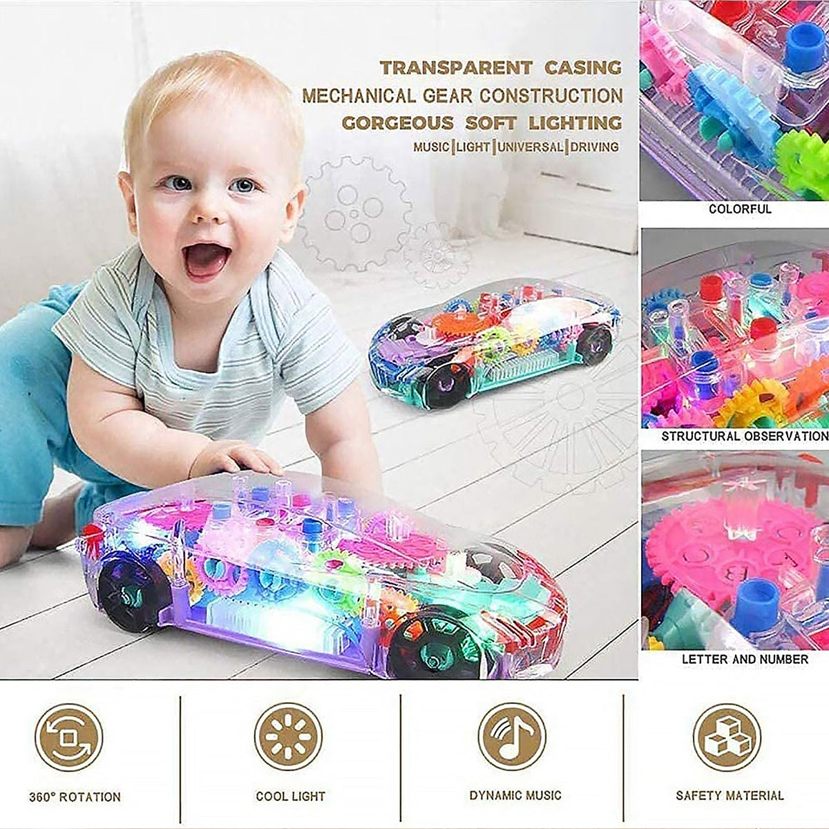 Rotating Transparent Gear Concept Car with Musical and 3D Flashing Lights Toy