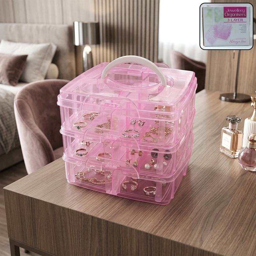 3-Tier Transparent Craft Storage Box with 18 Adjustable Compartments